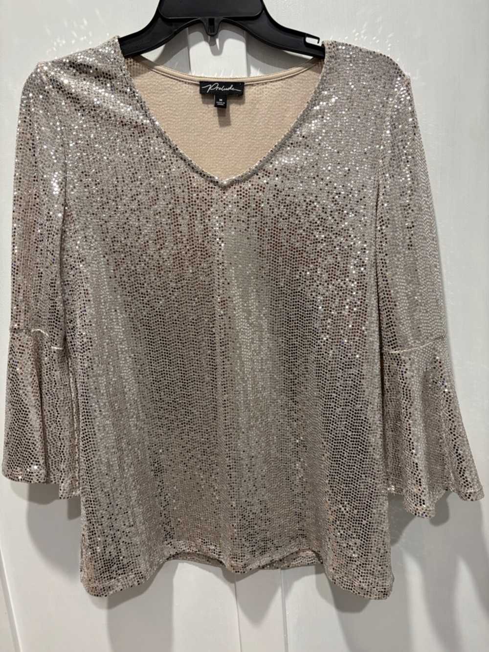 Sequin V-Neck Bell Sleeve Blouse